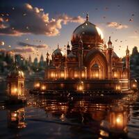 3D Mosque Islamic pattern background with hanging lanterns photo