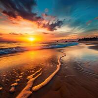 Beautiful bright sunset on a tropical paradise beach photo