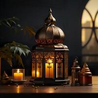 3D Mosque Islamic pattern background with hanging lanterns photo