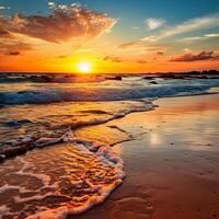 Beautiful bright sunset on a tropical paradise beach photo
