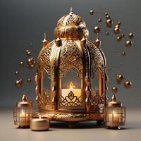 3D Mosque Islamic pattern background with hanging lanterns photo