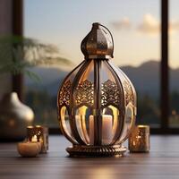 3D Mosque Islamic pattern background with hanging lanterns photo