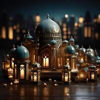 3D Mosque Islamic pattern background with hanging lanterns photo