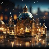 3D Mosque Islamic pattern background with hanging lanterns photo