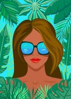 Hispano mujer en grande Gafas de sol rodeado por tropical follaje. verano hora póster. vector