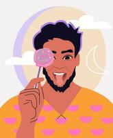 Handsome hispanic man with lollipop. Cheerful male character portrait. Positive masculinity concept. vector