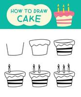 How to draw cute cake cartoon step by step for kid and colouring book vector