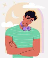 Handsome, self-confident man with crossed arms and with headphones. vector