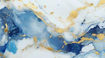 Blue, gold and white marble abstract bg. Generative AI photo