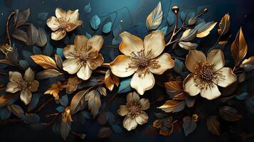 3D Gold Plated Flower in Cyan Blue Aesthetic Background AI Generated photo