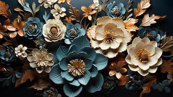 3D Gold Plated Flower in Cyan Blue Aesthetic Background photo