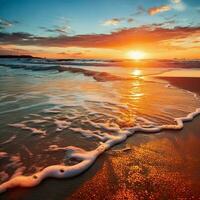 Aesthetic Sunset View in Tropical Beach Sands Sea Water Flowing AI Generated photo