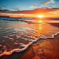 Aesthetic Sunset View in Tropical Beach Sands Sea Water Flowing photo