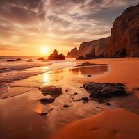 Beautiful bright sunset on a tropical paradise beach photo