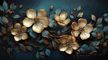 3D Gold Plated Flower in Cyan Blue Aesthetic Background AI Generated photo