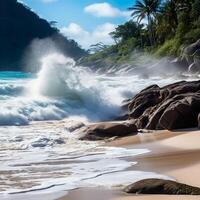 Aesthetic Beach View Sea Water Splashing on Beach Cool Background photo