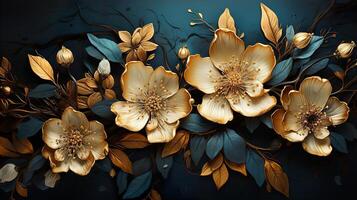 3D Gold Plated Flower in Cyan Blue Aesthetic Background AI Generated photo