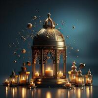 3D Mosque Islamic pattern background with hanging lanterns photo