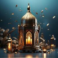 3D Mosque Islamic pattern background with hanging lanterns photo