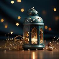 3D Mosque Islamic pattern background with hanging lanterns photo