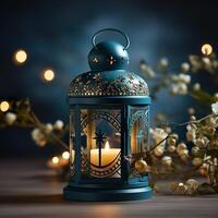 3D Mosque Islamic pattern background with hanging lanterns photo