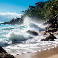 estético playa ver mar agua salpicaduras en playa frio antecedentes ai generado foto