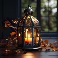 3D Mosque Islamic pattern background with hanging lanterns photo