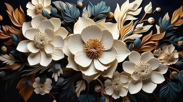 3D Gold Plated Flower in Cyan Blue Aesthetic Background photo