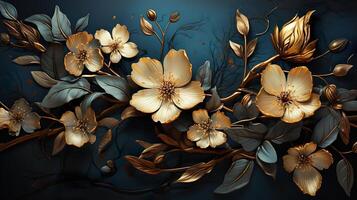 3D Gold Plated Flower in Cyan Blue Aesthetic Background AI Generated photo