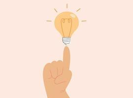 Big human Hand with an electric light bulb lamp. Growing business idea concept. Illustration of creative solutions, thinking and business ideas to make money online. Vector illustration