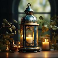 3D Mosque Islamic pattern background with hanging lanterns photo