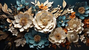 3D Gold Plated Flower in Cyan Blue Aesthetic Background AI Generated photo