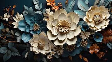 3D Gold Plated Flower in Cyan Blue Aesthetic Background AI Generated photo