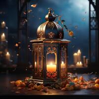 3D Mosque Islamic pattern background with hanging lanterns photo