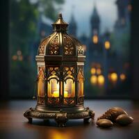 3D Mosque Islamic pattern background with hanging lanterns AI Generated photo