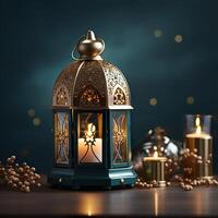 3D Mosque Islamic pattern background with hanging lanterns photo