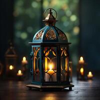 3D Mosque Islamic pattern background with hanging lanterns photo