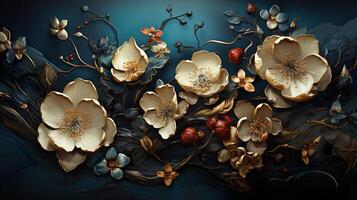 3D Gold Plated Flower in Cyan Blue Aesthetic Background photo