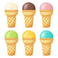 Different color ice cream balls in a waffle cup set. vector