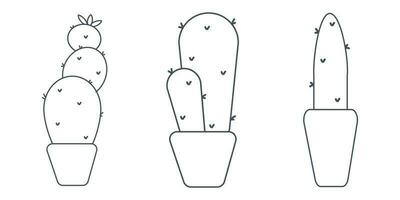 cactus needles pot line doodle set elements vector