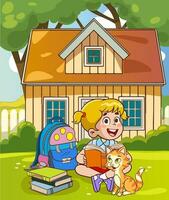 Children reading books in front of the house. Vector cartoon illustration.