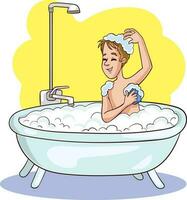 Smiling man character taking bath in bubble bathtub, relaxing colorful character vector Illustration