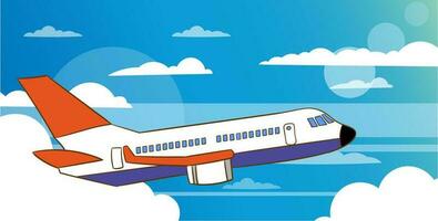 Airplane in sky. Flying civil aircraft transport in clouds vector flat background. Plane fly sin sky clouds, airplane flight transportation illustration