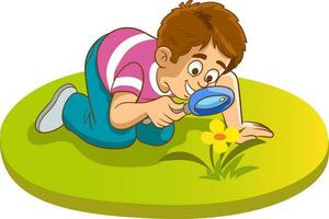 boy examining plants with a magnifying glass Vector cartoon illustration