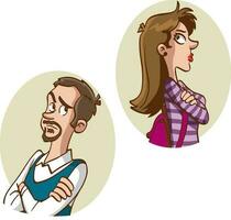 Concept of divorce, misunderstanding in family. Angry man and offended woman standing separately from each other. Relationship break up, crisis. Vector illustration in flat cartoon style.