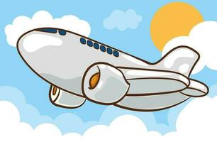 Airplane in sky. Flying civil aircraft transport in clouds vector flat background. Plane fly sin sky clouds, airplane flight transportation illustration