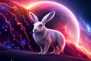 rabbit with galaxy theme and colorful light background, AI Generate photo