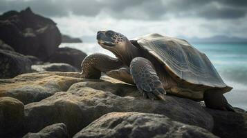 A Galapagos Tortoise sunning itself on a jagged cliff, encircled by the pristine, shimmering ocean photo