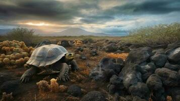 A Galapagos Tortoise, traversing the volcanic landscape, each step reverberating with centuries of existence photo