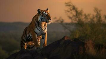 Bengal Tiger, its head raised proudly, oversees its territory from a high rocky perch photo